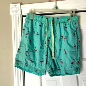 Young men. XS (big kid XL) Free Planet shorts with pockets. Green/pink flamingo